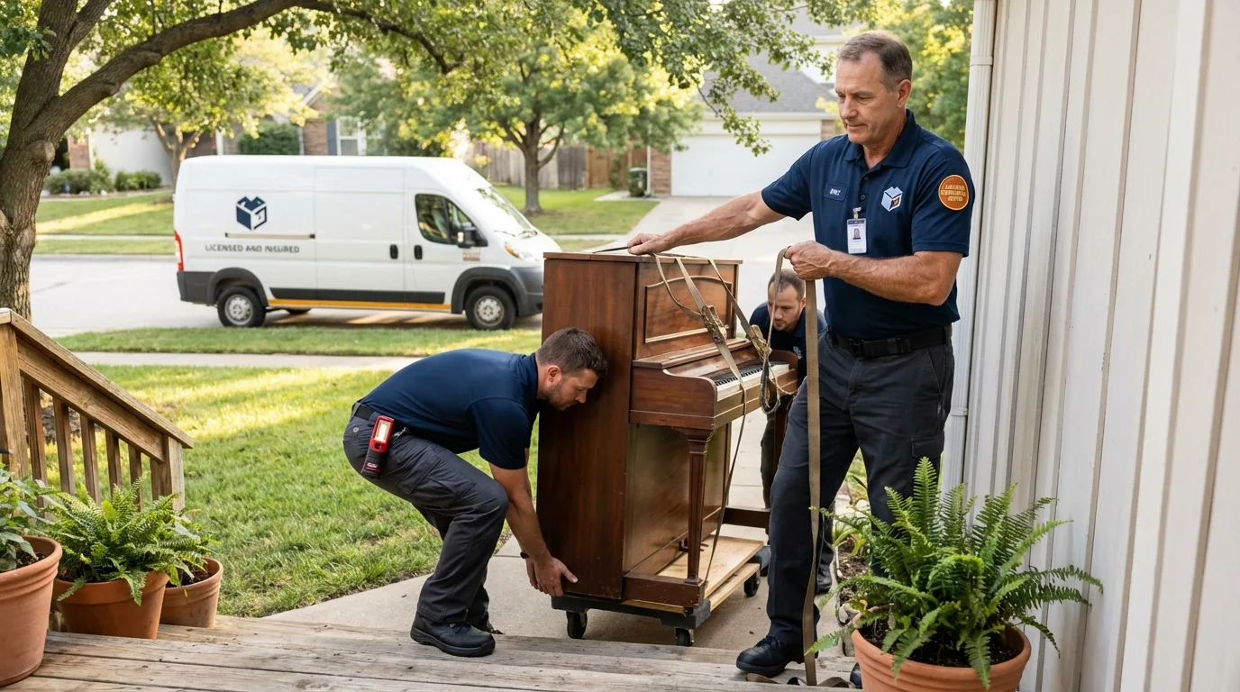Licensed piano movers securing grand piano in Urbandale, IA