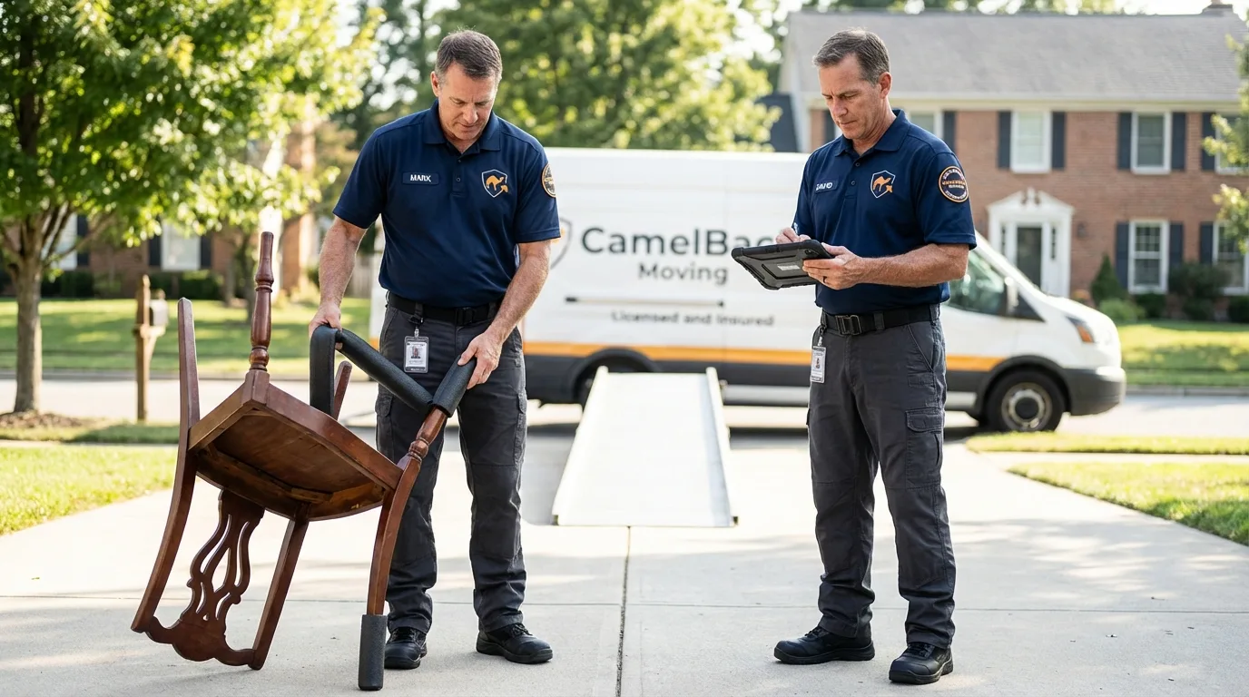 Movers inspecting furniture for damage prevention before loading in Urbandale, IA
